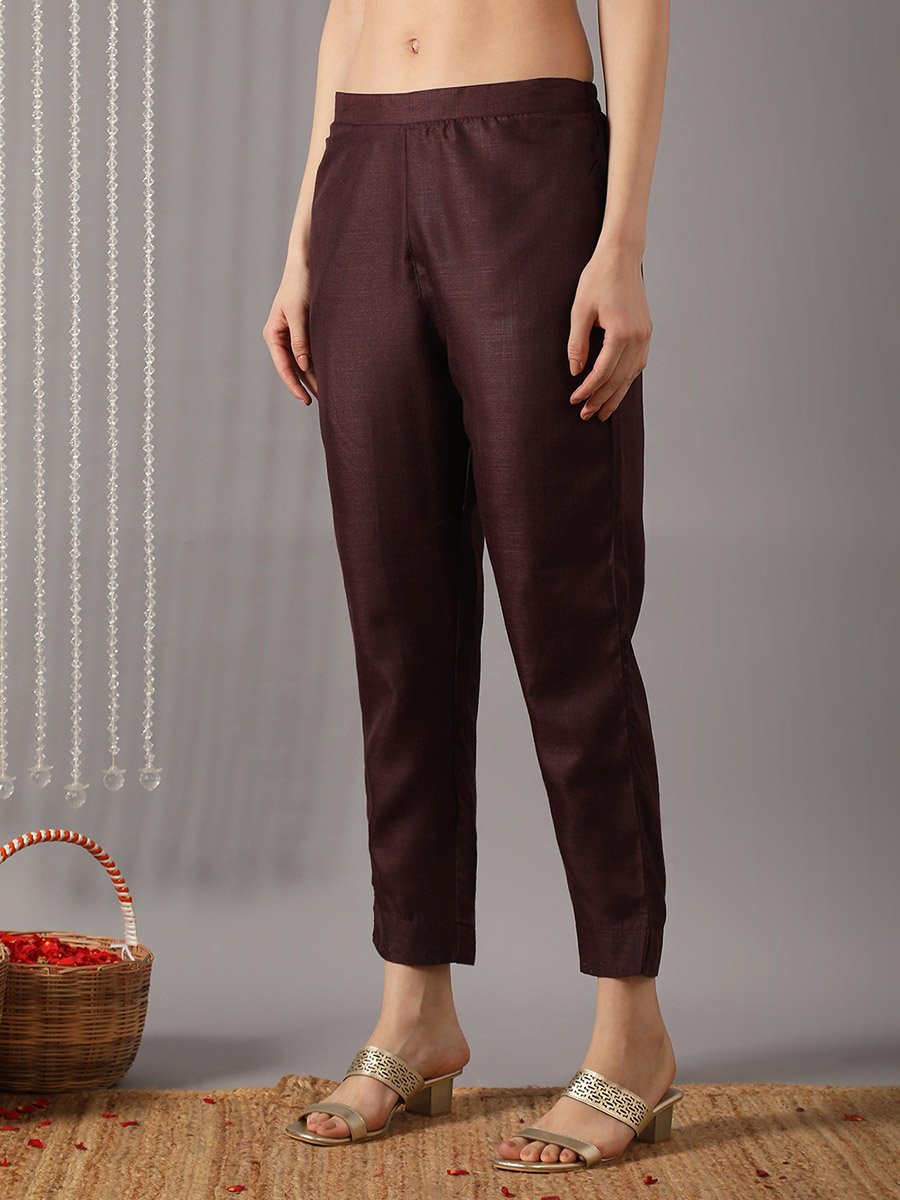 Women Wine Straight Kurta with Pant and Floral Print Dupatta Set
