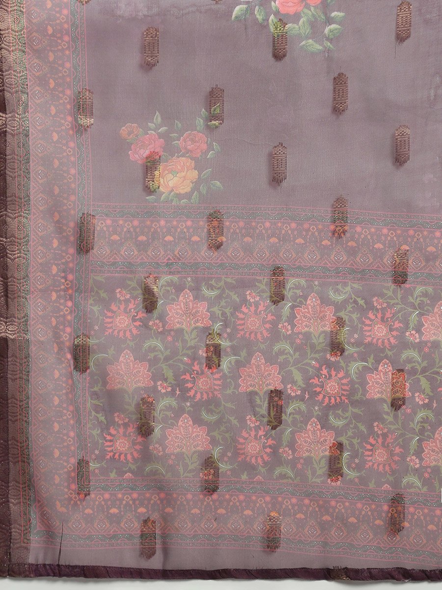 Women Wine Straight Kurta with Pant and Floral Print Dupatta Set