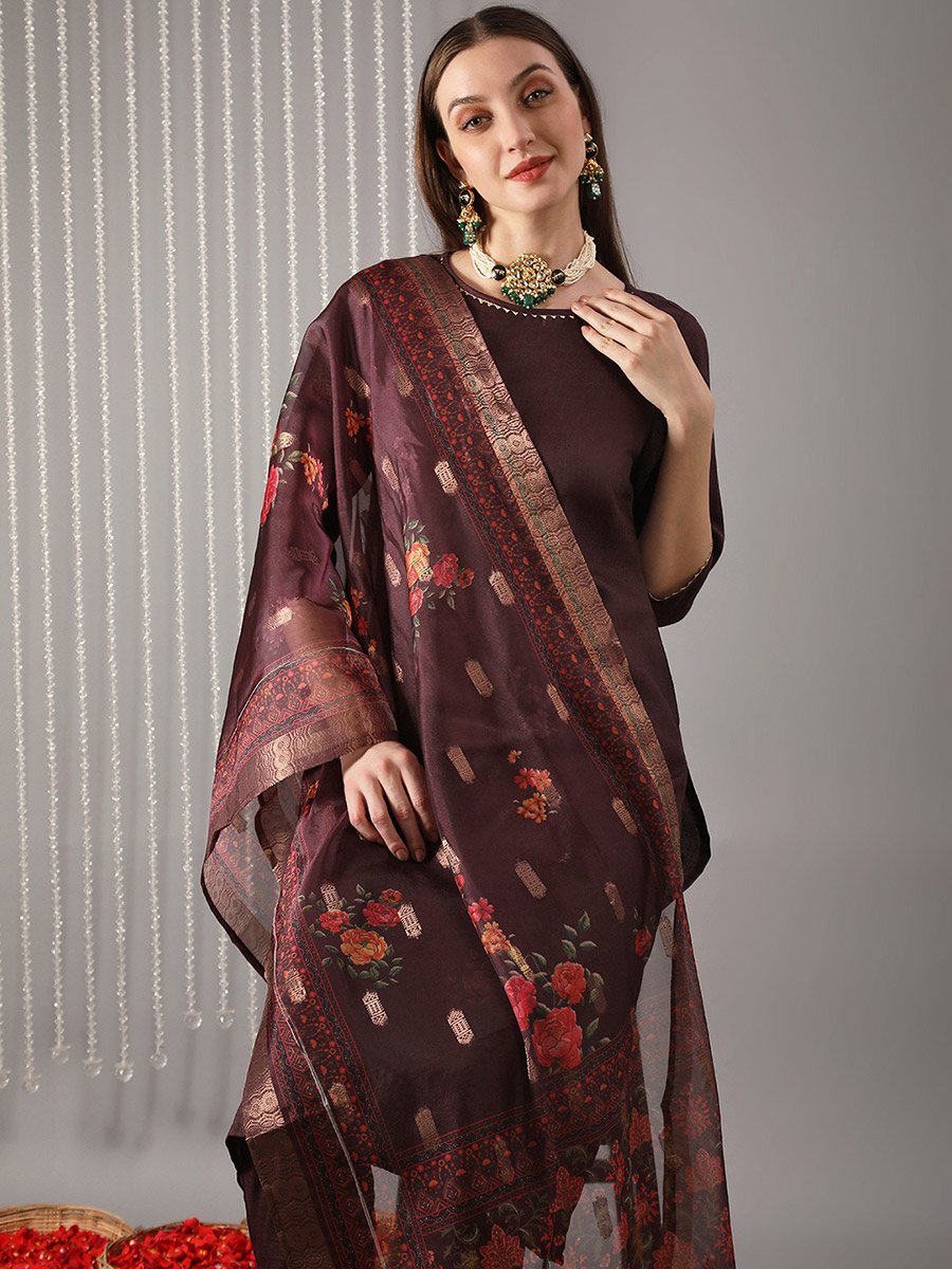 Women Wine Straight Kurta with Pant and Floral Print Dupatta Set