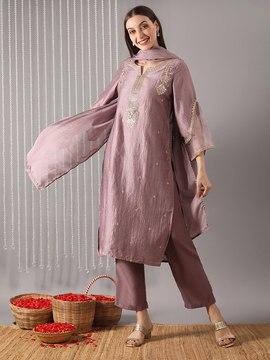 Women Lavender Ethnic Print Straight Kurta with Pant and Dupatta Set