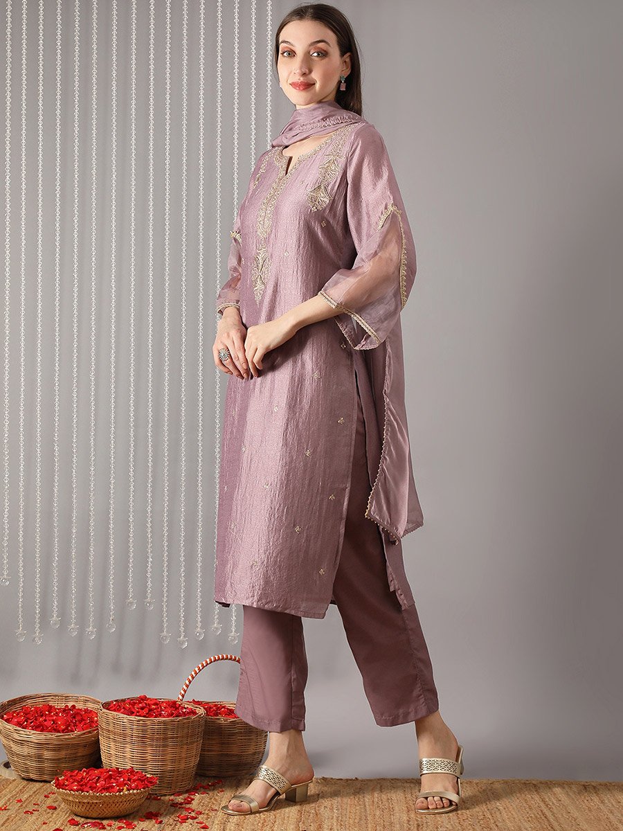 Women Lavender Ethnic Print Straight Kurta with Pant and Dupatta Set