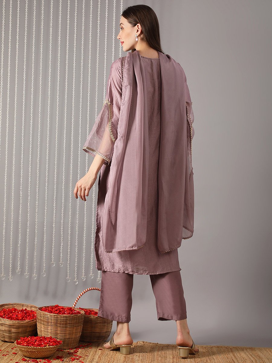 Women Lavender Ethnic Print Straight Kurta with Pant and Dupatta Set