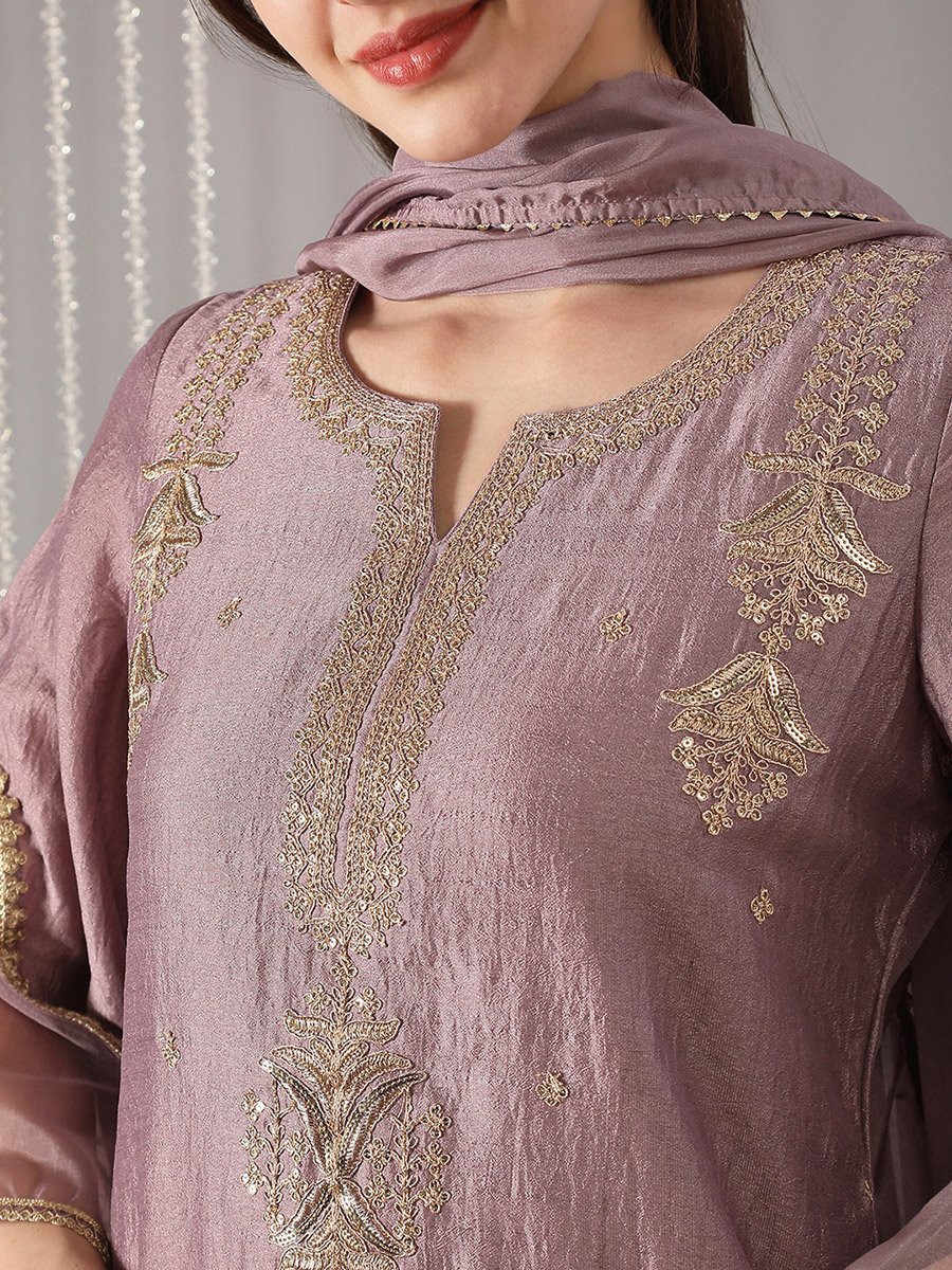 Women Lavender Ethnic Print Straight Kurta with Pant and Dupatta Set