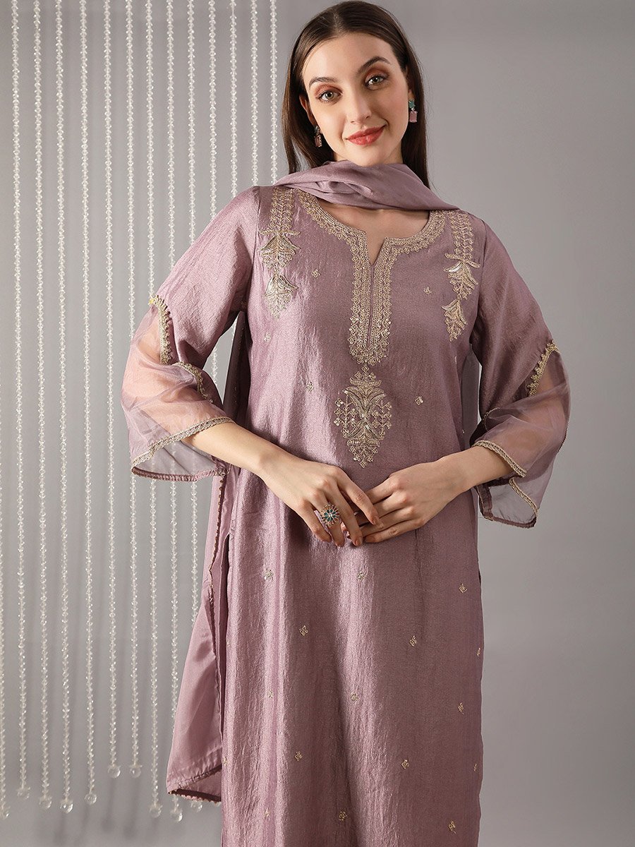 Women Lavender Ethnic Print Straight Kurta with Pant and Dupatta Set