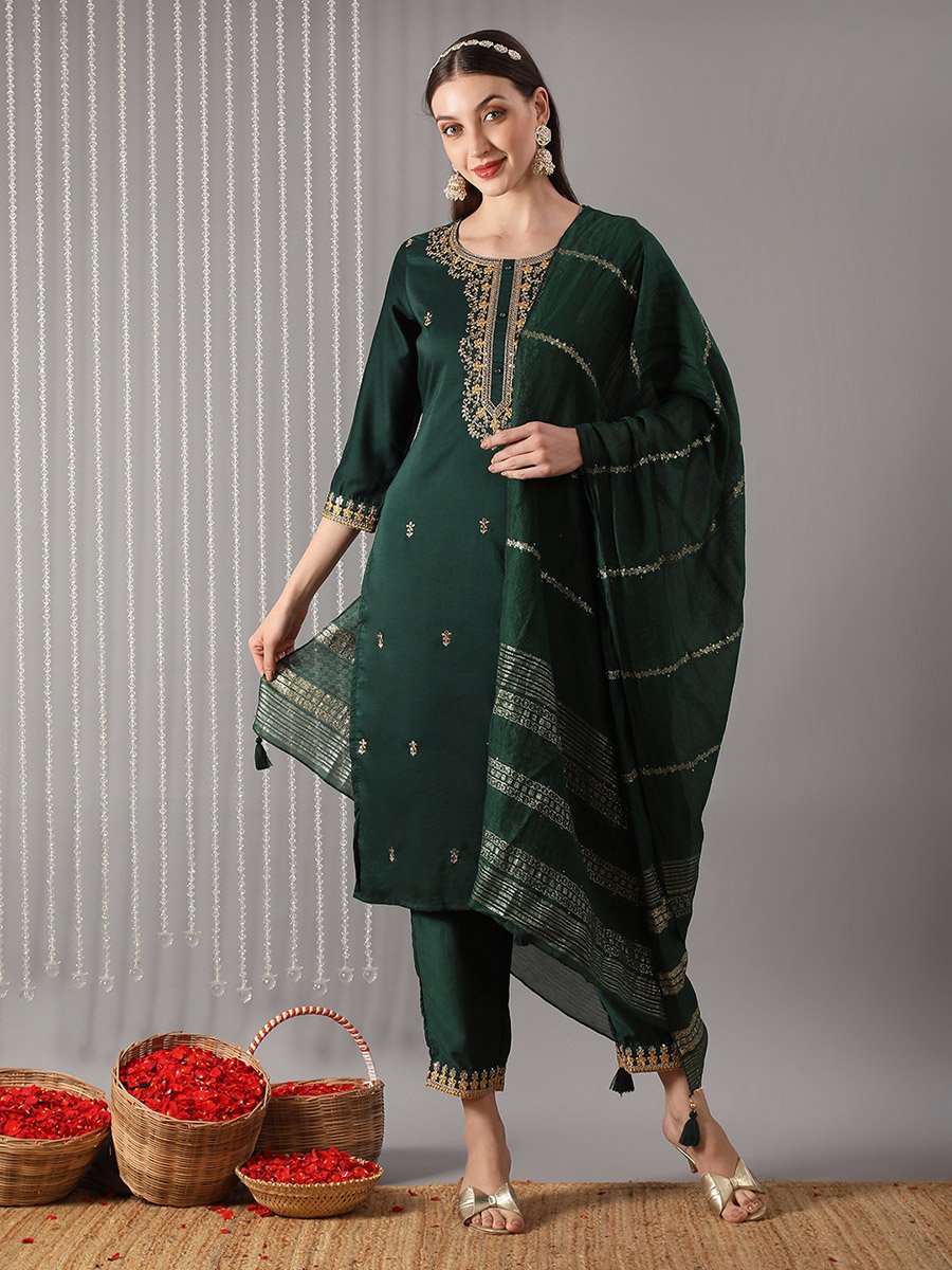 Women Green Embroidered Yoke Kurta with Pant and Dupatta Set