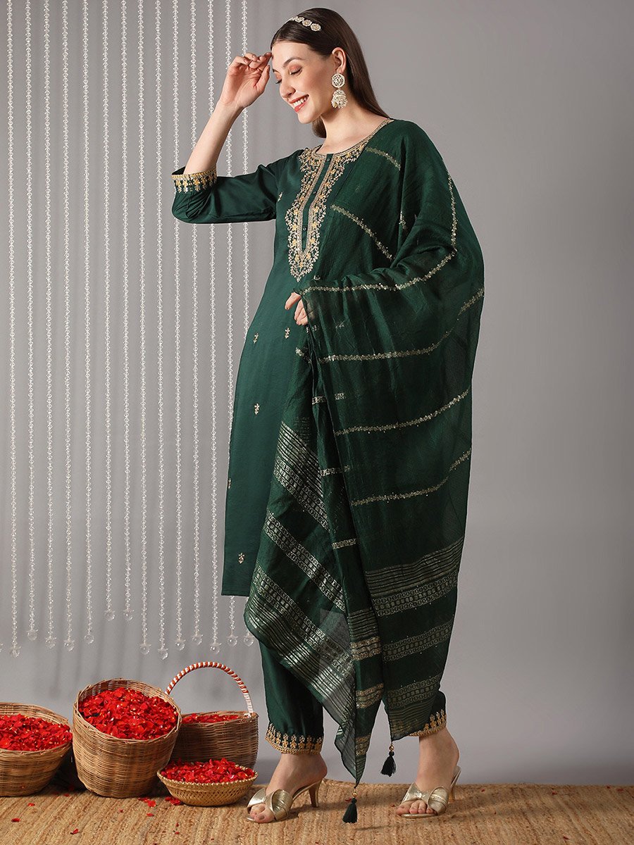 Women Green Embroidered Yoke Kurta with Pant and Dupatta Set