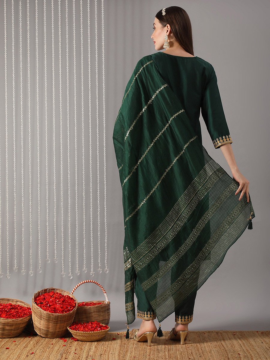 Women Green Embroidered Yoke Kurta with Pant and Dupatta Set