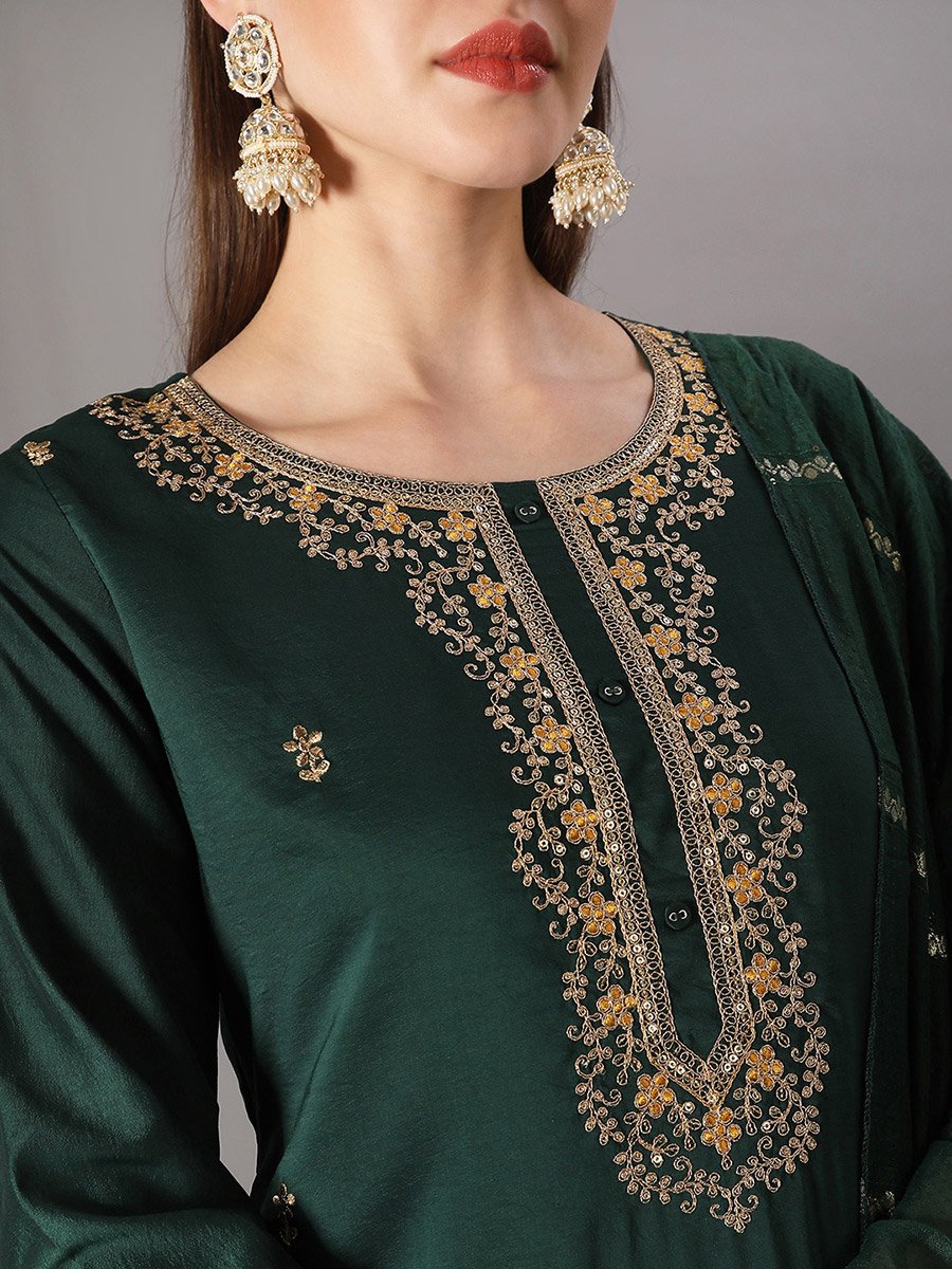 Women Green Embroidered Yoke Kurta with Pant and Dupatta Set