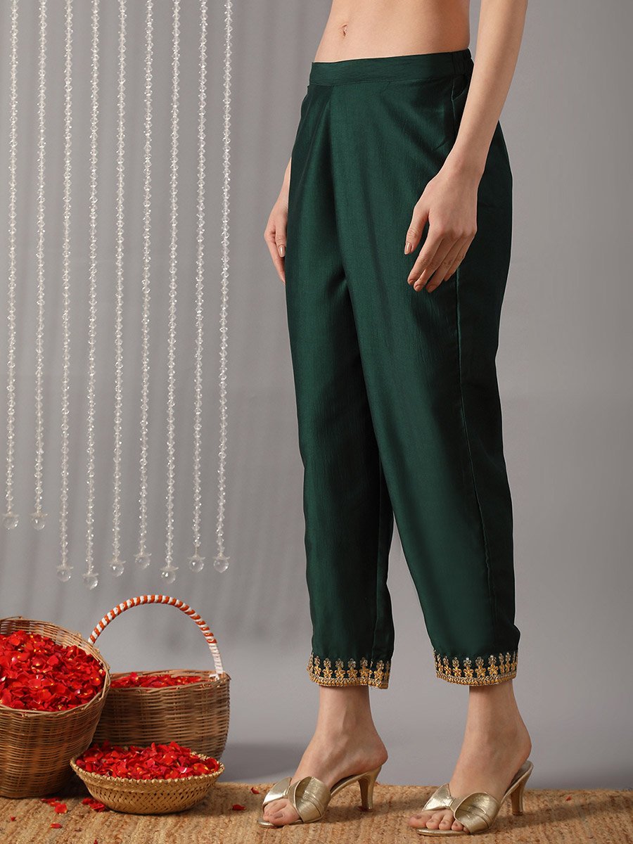 Women Green Embroidered Yoke Kurta with Pant and Dupatta Set