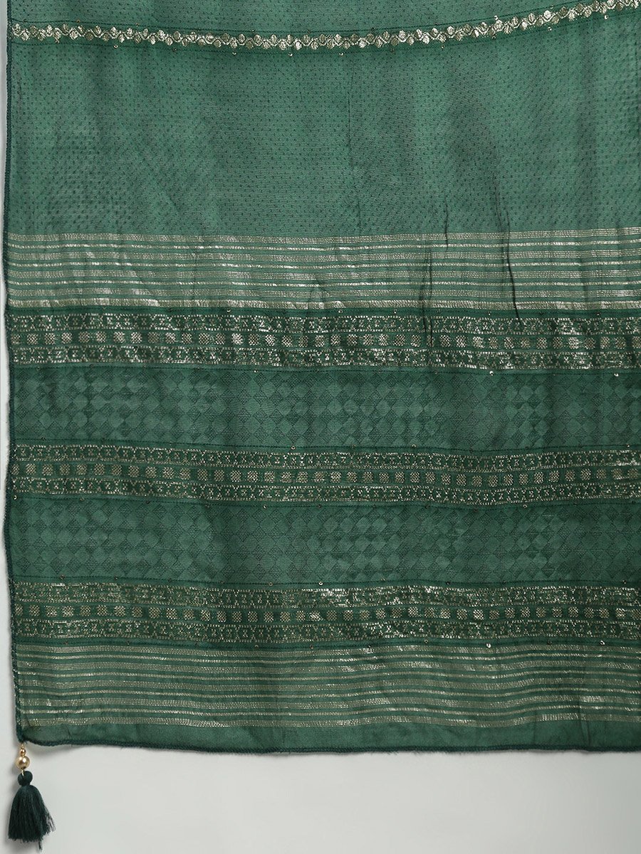 Women Green Embroidered Yoke Kurta with Pant and Dupatta Set