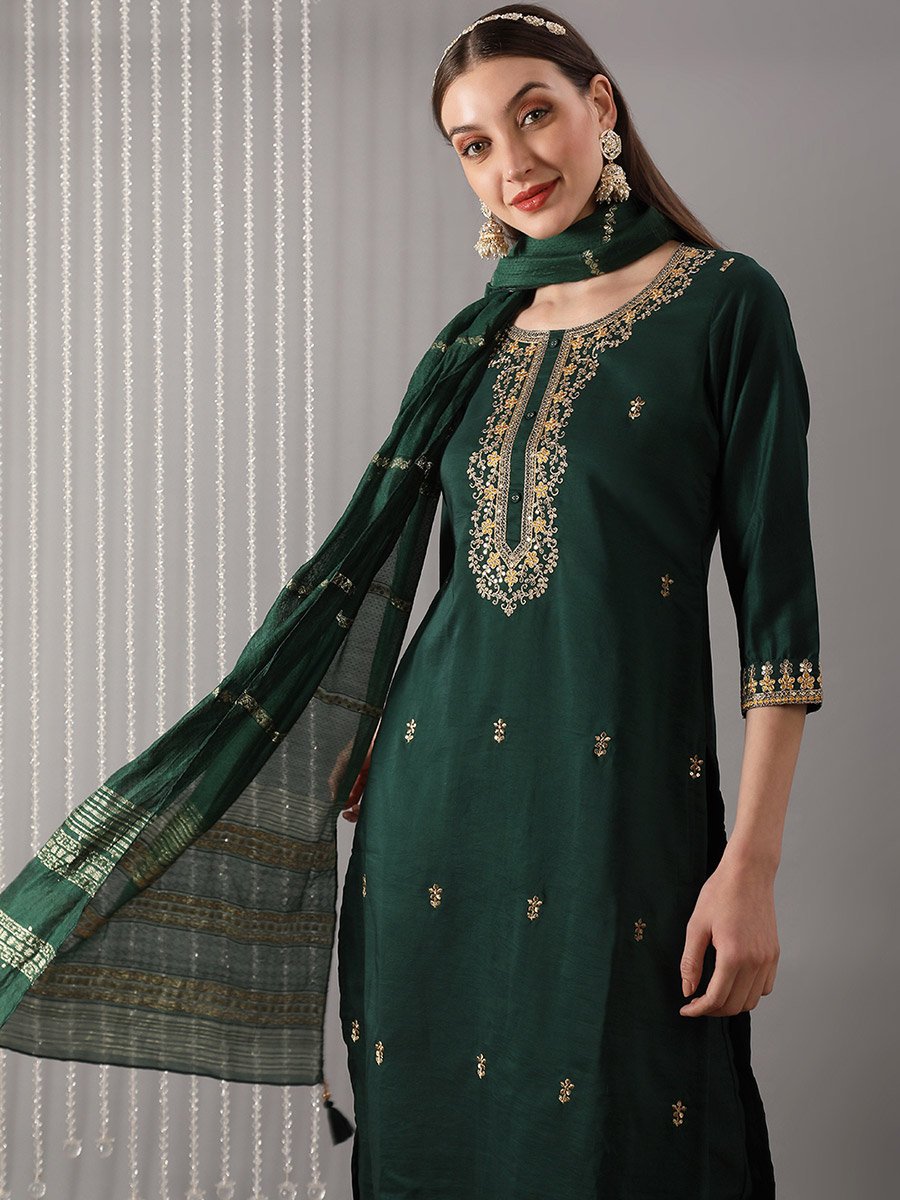 Women Green Embroidered Yoke Kurta with Pant and Dupatta Set