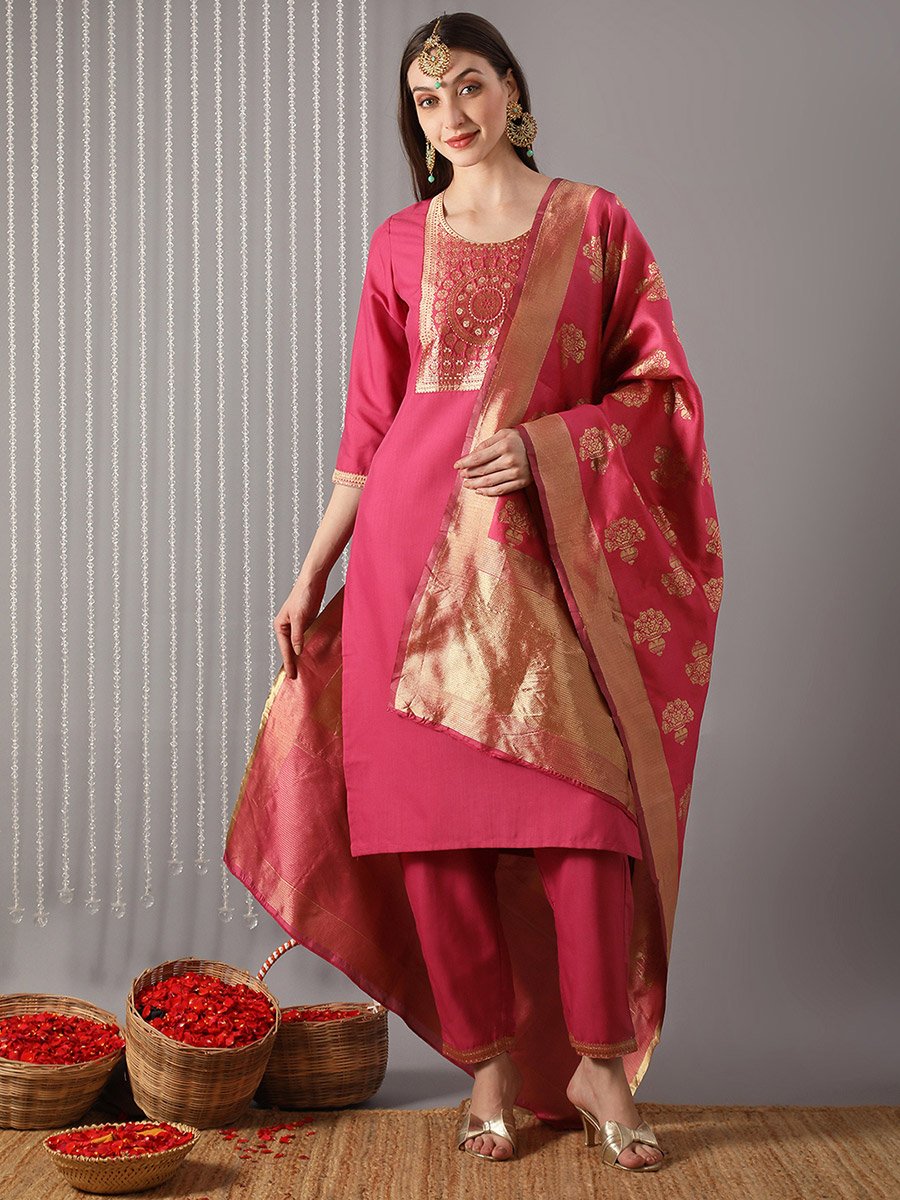Women Pink Round Neck Yoke  Kurta with Pant and Dupatta Set