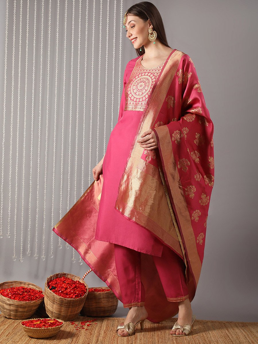 Women Pink Round Neck Yoke  Kurta with Pant and Dupatta Set