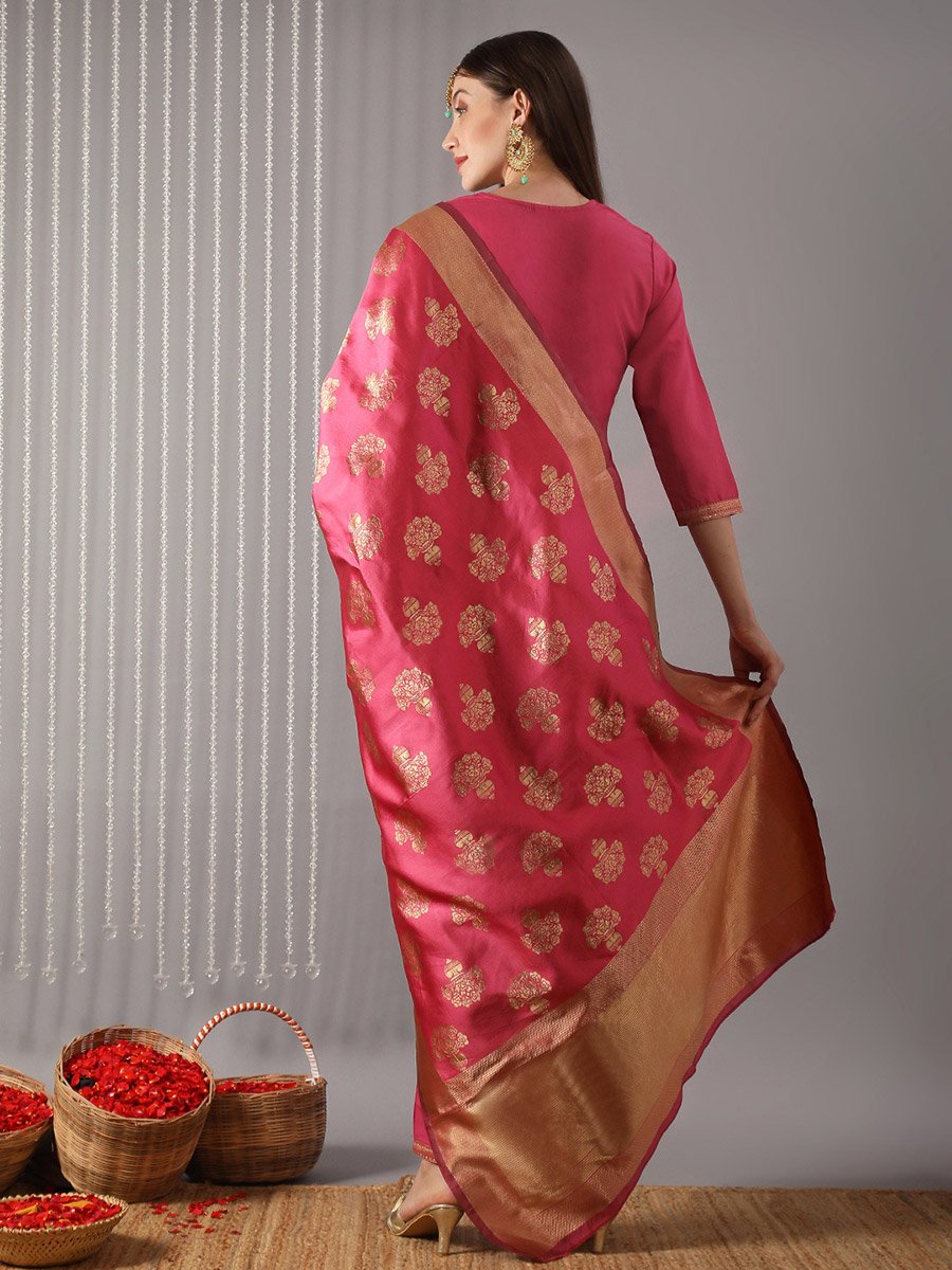 Women Pink Round Neck Yoke  Kurta with Pant and Dupatta Set