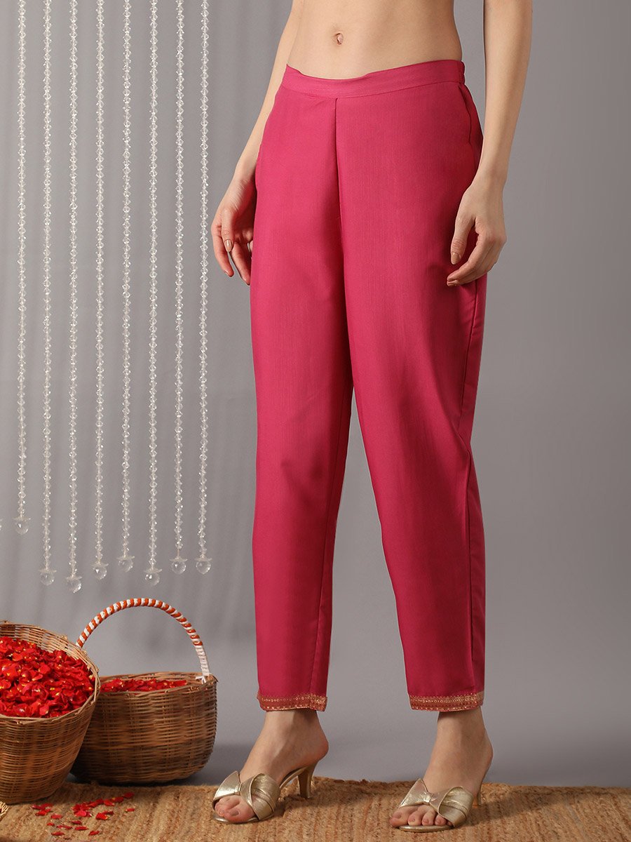 Women Pink Round Neck Yoke  Kurta with Pant and Dupatta Set