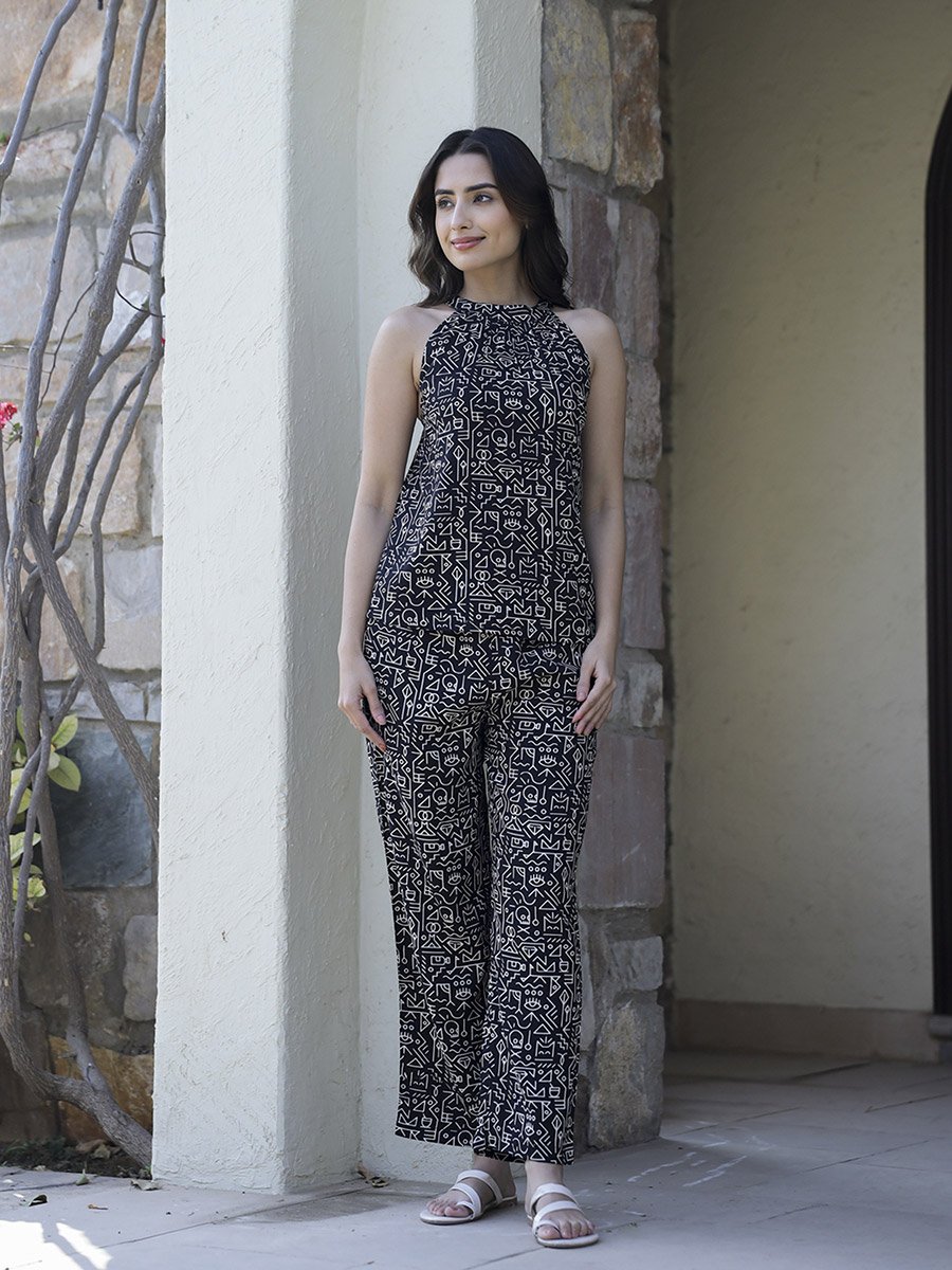 Black Printed Viscose Rayon Top and Pants Co-Ord Set