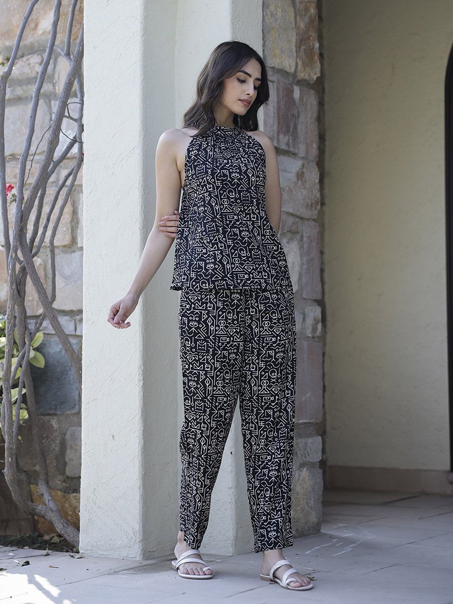Black Printed Viscose Rayon Top and Pants Co-Ord Set