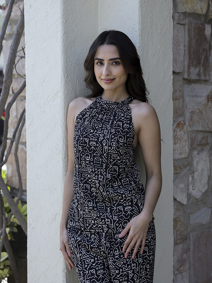 Black Printed Viscose Rayon Top and Pants Co-Ord Set