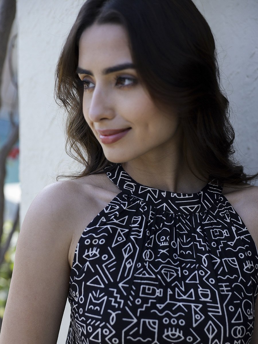 Black Printed Viscose Rayon Top and Pants Co-Ord Set