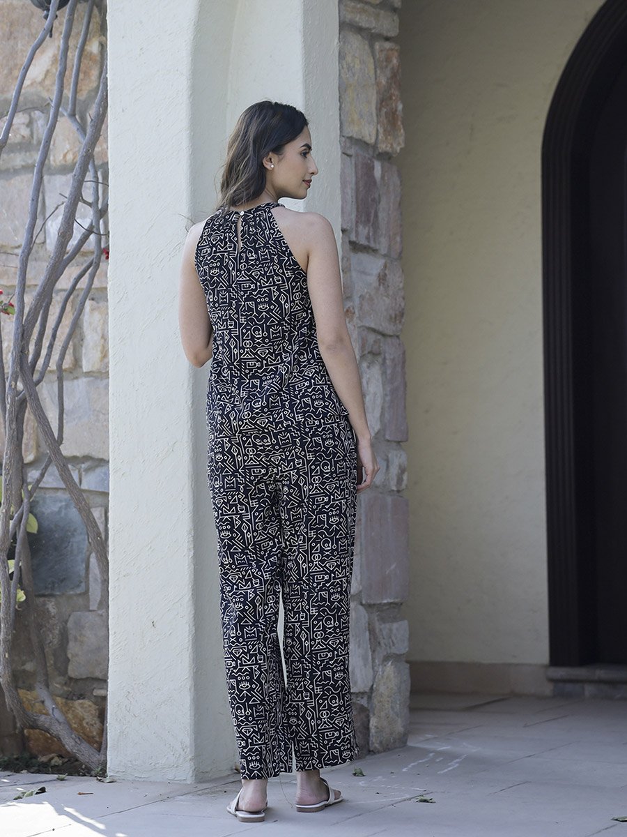 Black Printed Viscose Rayon Top and Pants Co-Ord Set