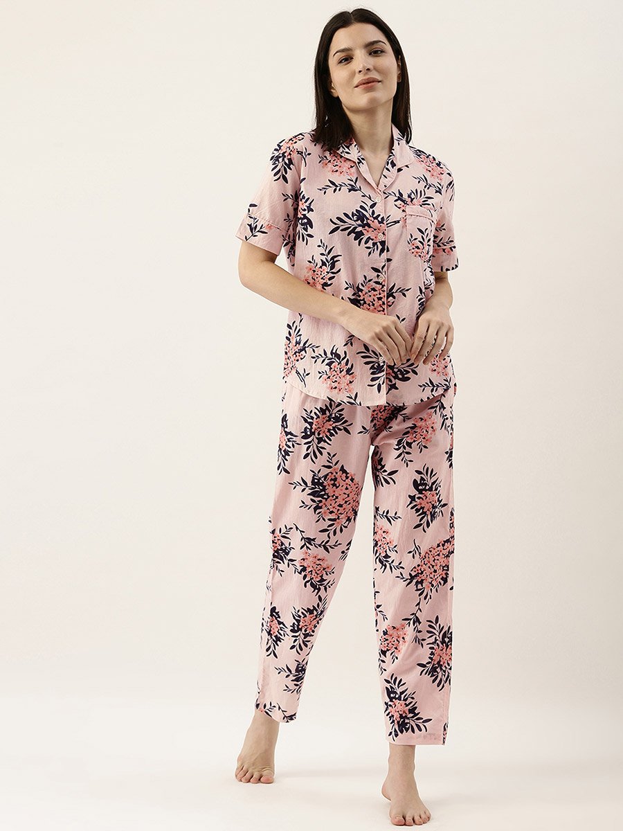 Pink Floral Print Cotton Shirt and Pyjama Set