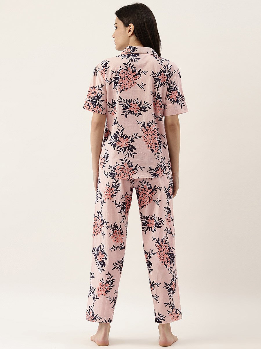 Pink Floral Print Cotton Shirt and Pyjama Set