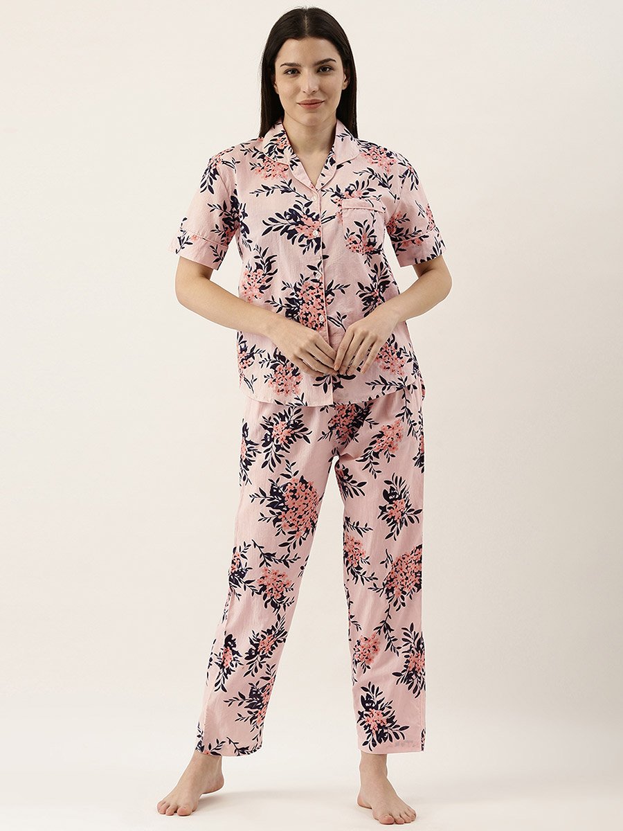 Pink Floral Print Cotton Shirt and Pyjama Set