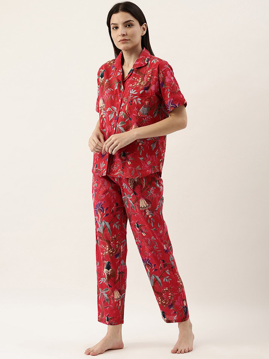 Red Tropical Print Cotton Shirt and Pyjama Set