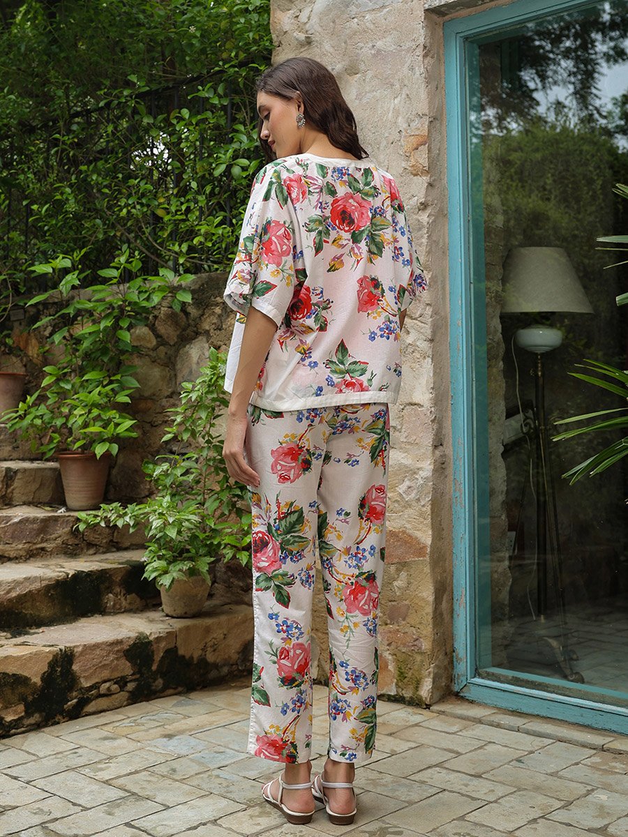 Pack of 3 - Cotton Floral Top, Solid Cami and Pants Set