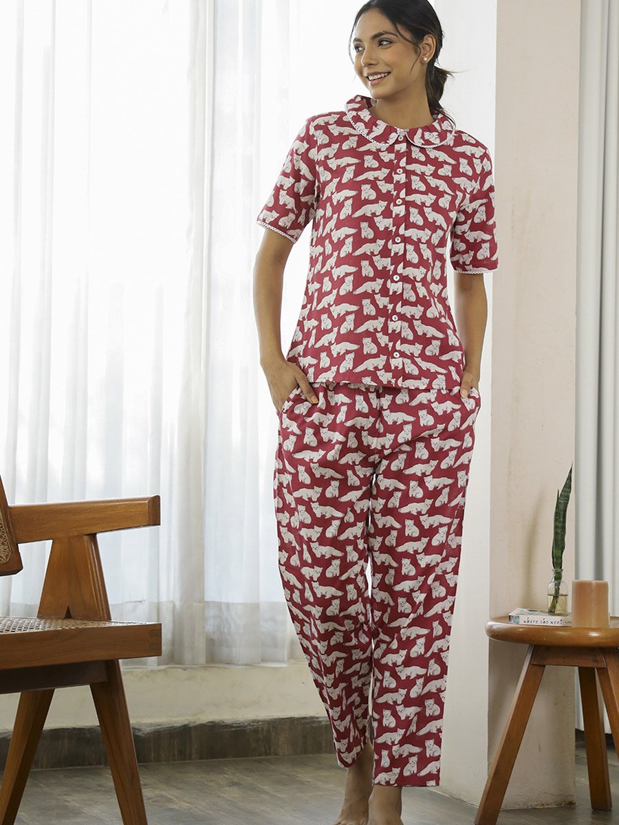 Magenta Graphic Print Cotton Shirt and Pyjama Set