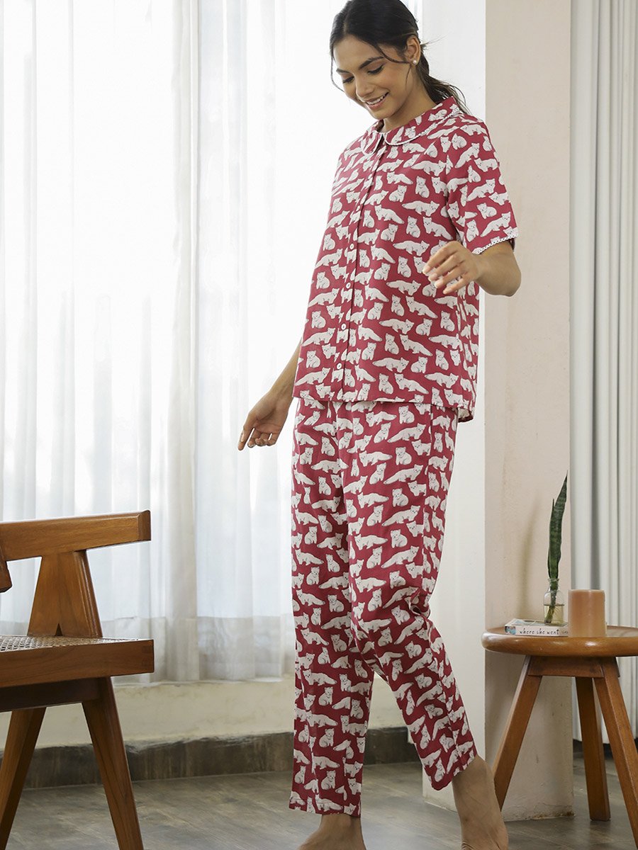 Magenta Graphic Print Cotton Shirt and Pyjama Set