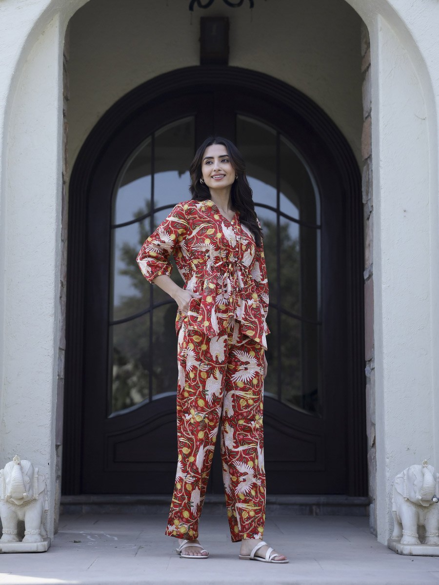 Red All Over Print Cotton Top and Pants Set
