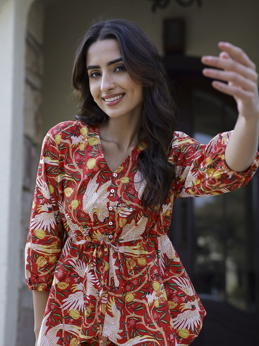 Red All Over Print Cotton Top and Pants Set