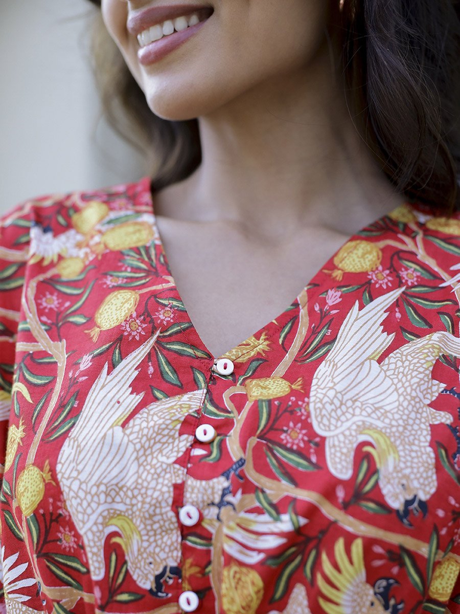 Red All Over Print Cotton Top and Pants Set
