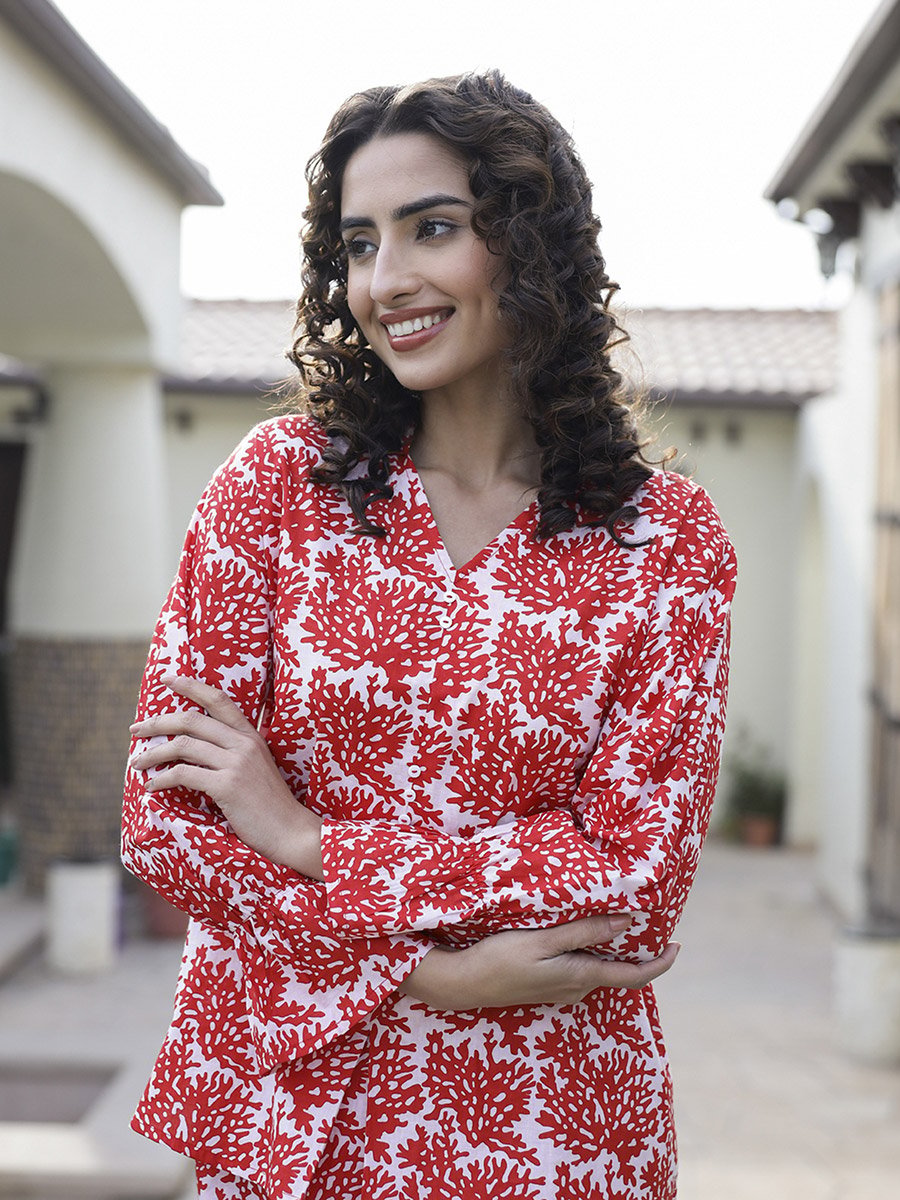 Maroon Printed V Neck Cotton Top and Pants Set