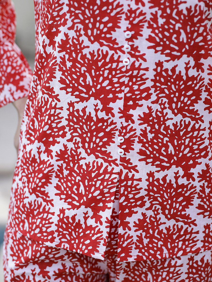 Maroon Printed V Neck Cotton Top and Pants Set