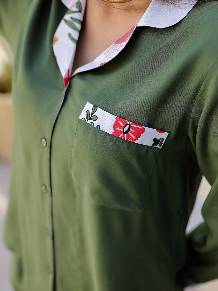 Green Solid Collared Viscose Rayon Shirt and Pyjama Set