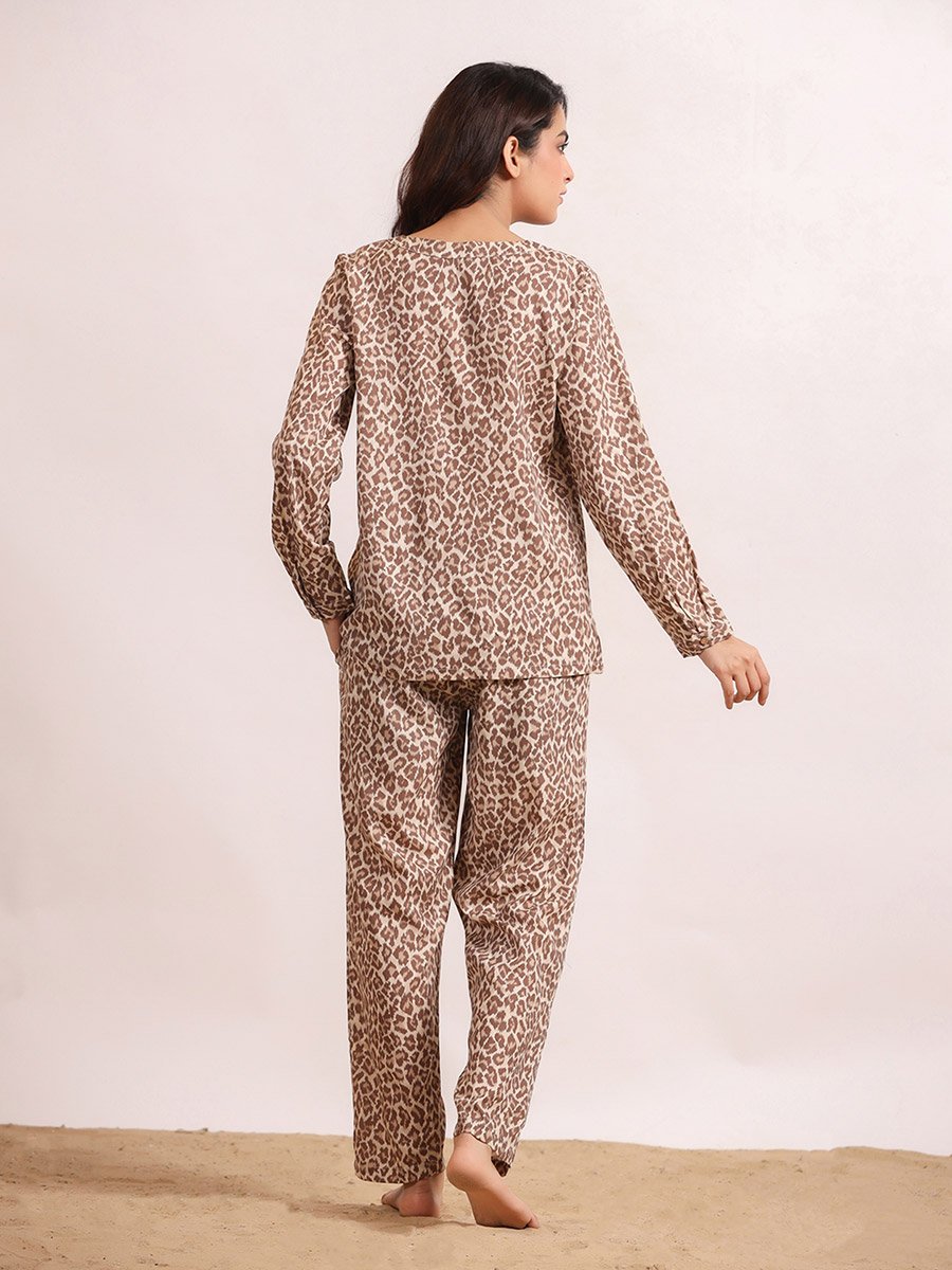Beige Animal Print Viscose Rayon Shirt and Pyjama Set