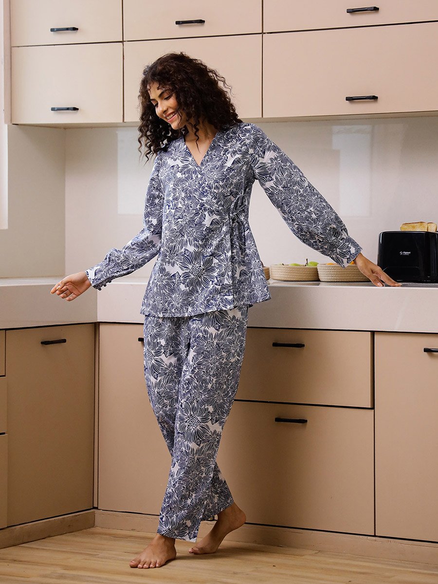 Blue Floral Print Cotton Wrap Top and Pyjama Set
