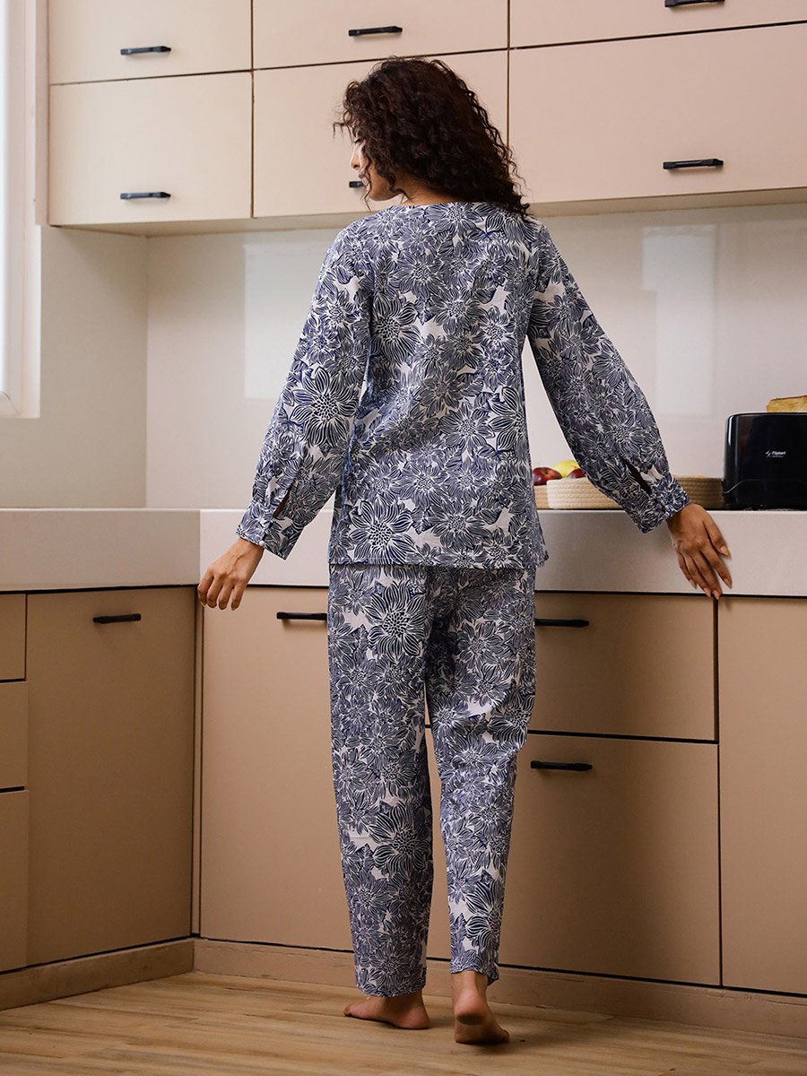 Blue Floral Print Cotton Wrap Top and Pyjama Set