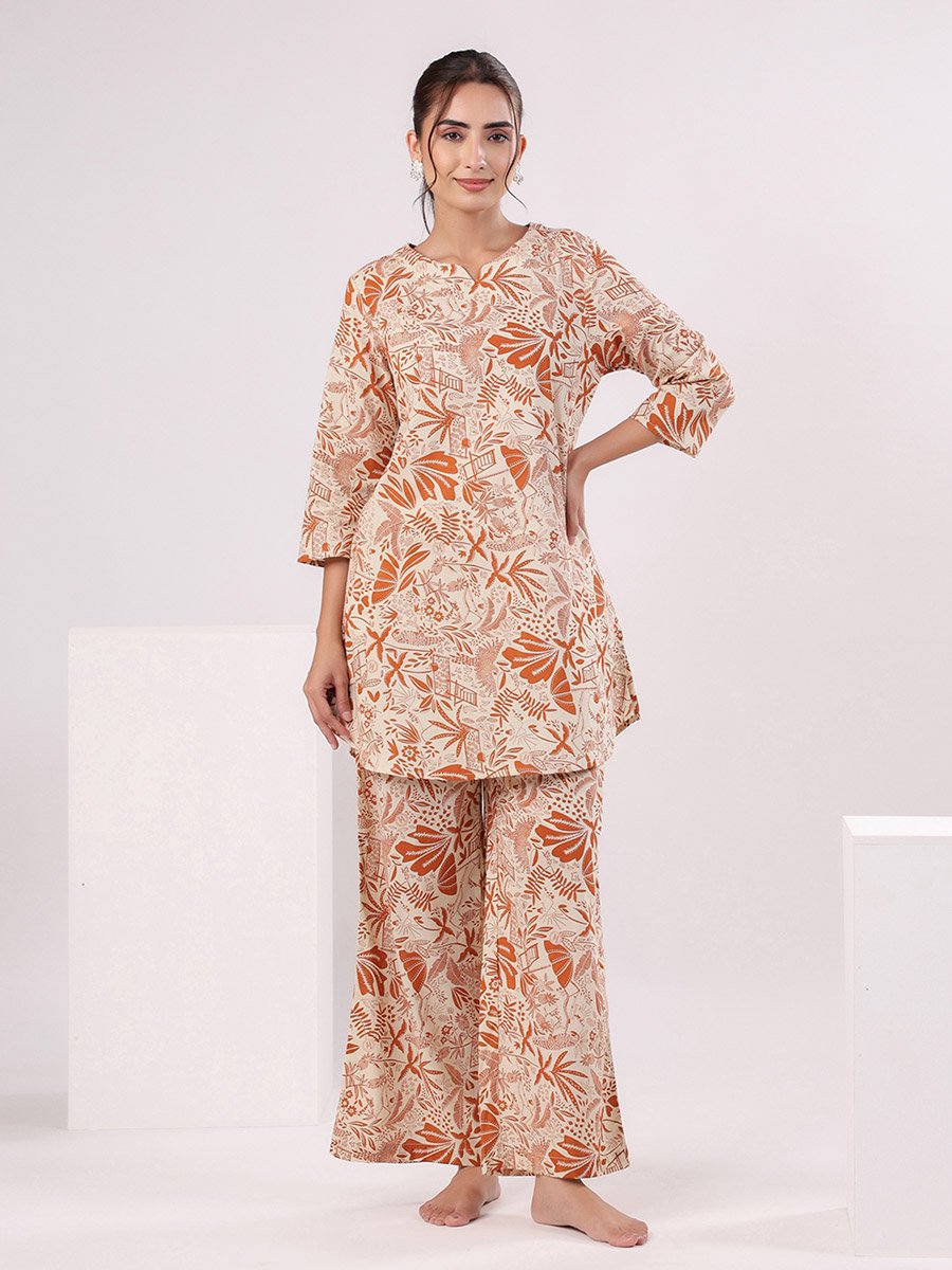 Beige Tropical Round Neck Cotton Top and Pyjama Set