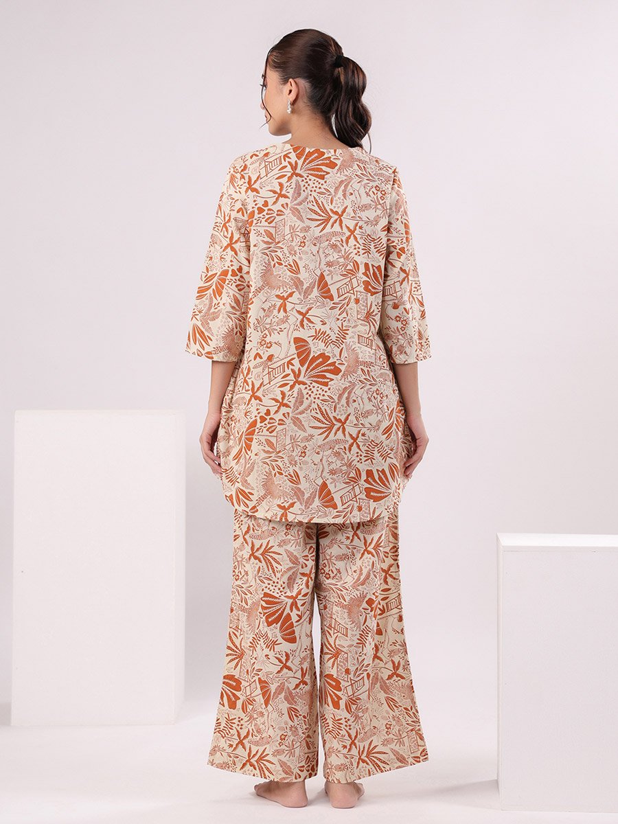 Beige Tropical Round Neck Cotton Top and Pyjama Set