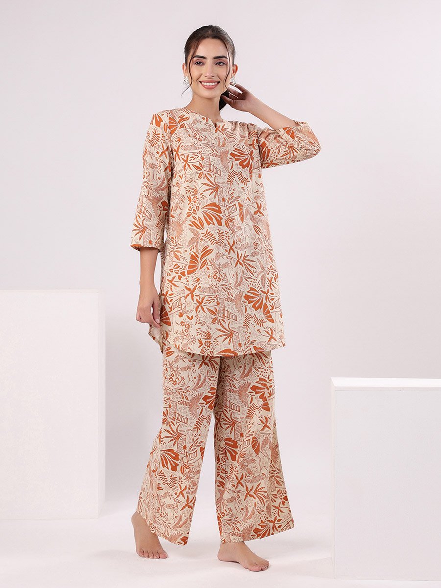 Beige Tropical Round Neck Cotton Top and Pyjama Set