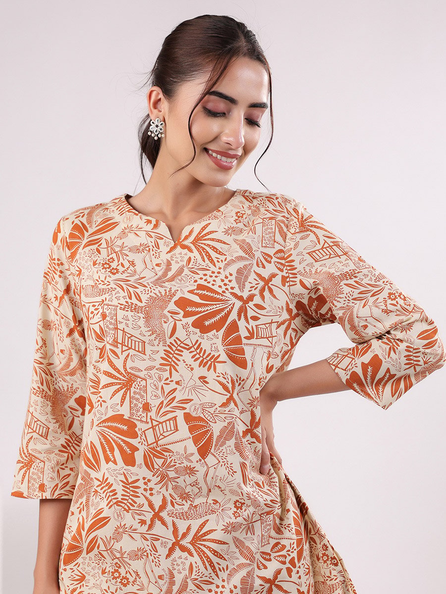 Beige Tropical Round Neck Cotton Top and Pyjama Set