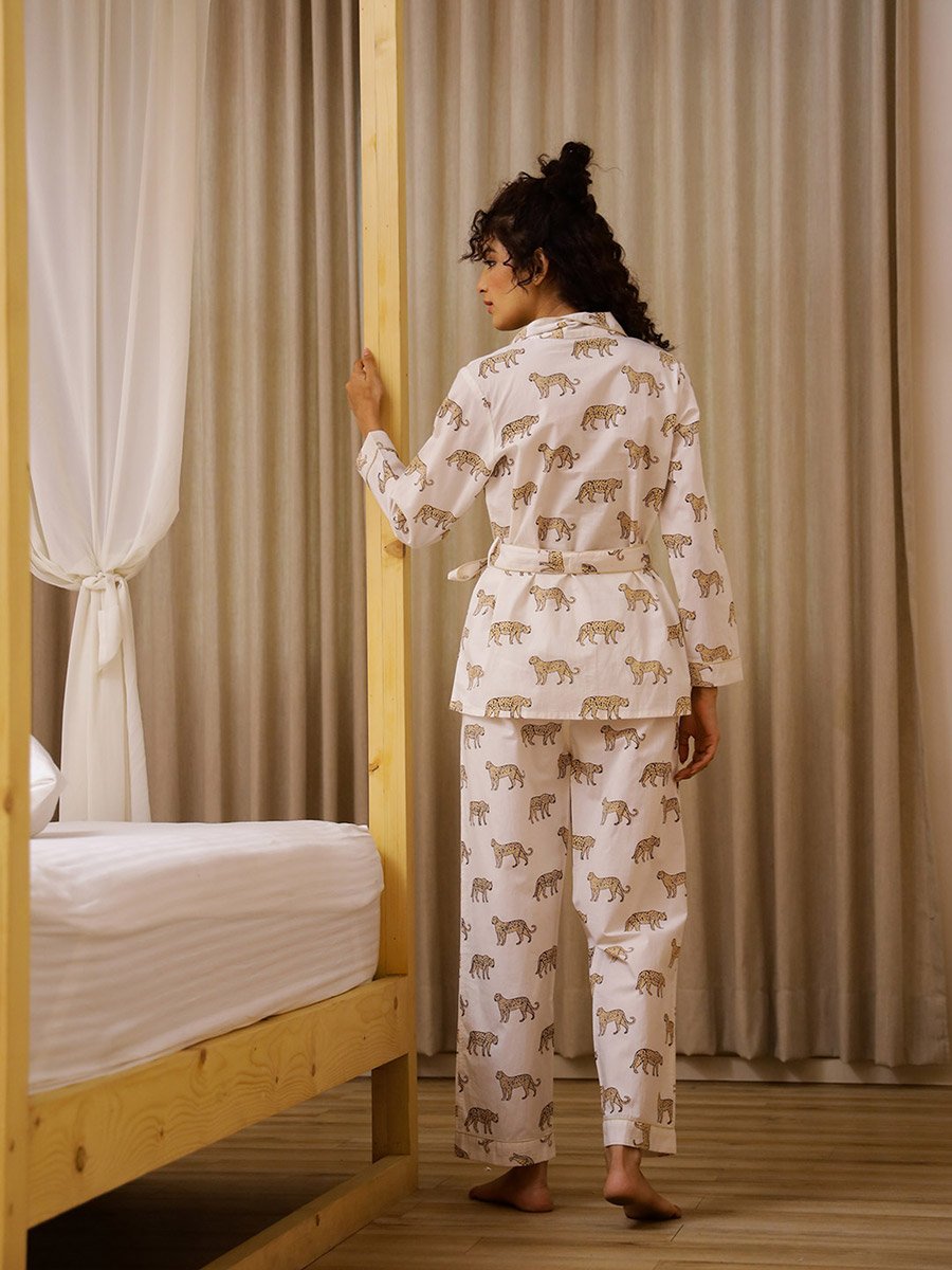 White Animal Print Cotton Shirt and Pyjama Set