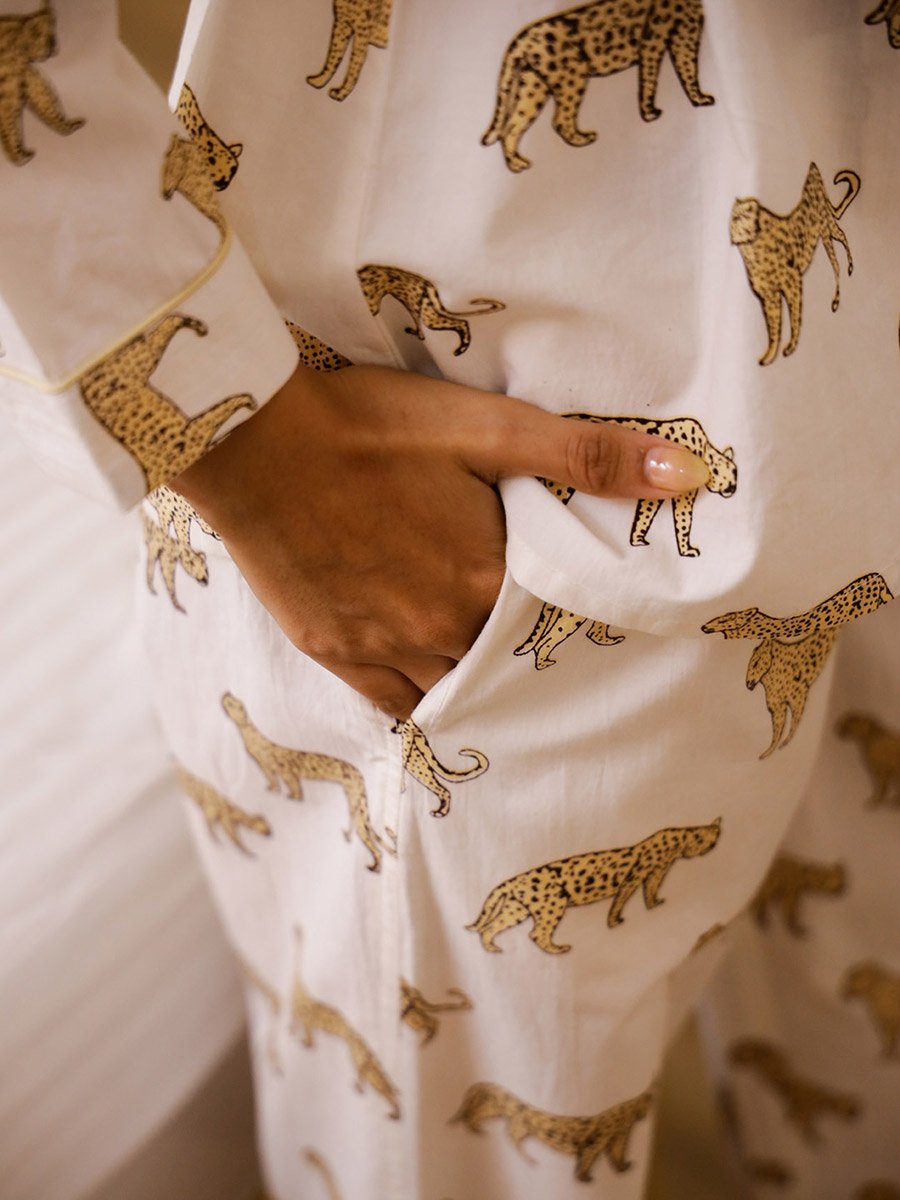 White Animal Print Cotton Shirt and Pyjama Set