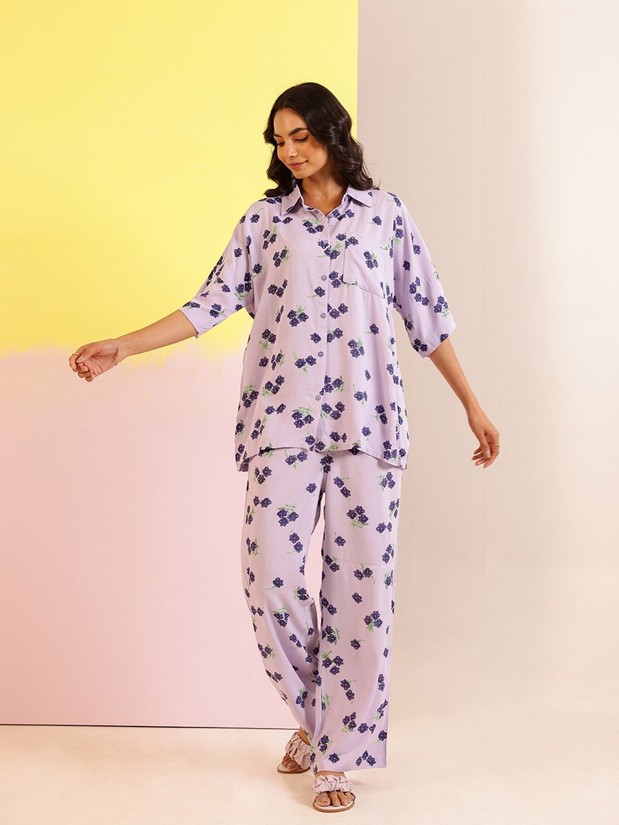Lavender Floral Print Viscose Rayon Shirt and Pyjama Set