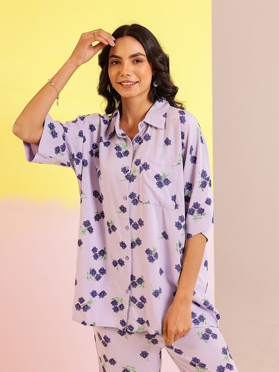 Lavender Floral Print Viscose Rayon Shirt and Pyjama Set