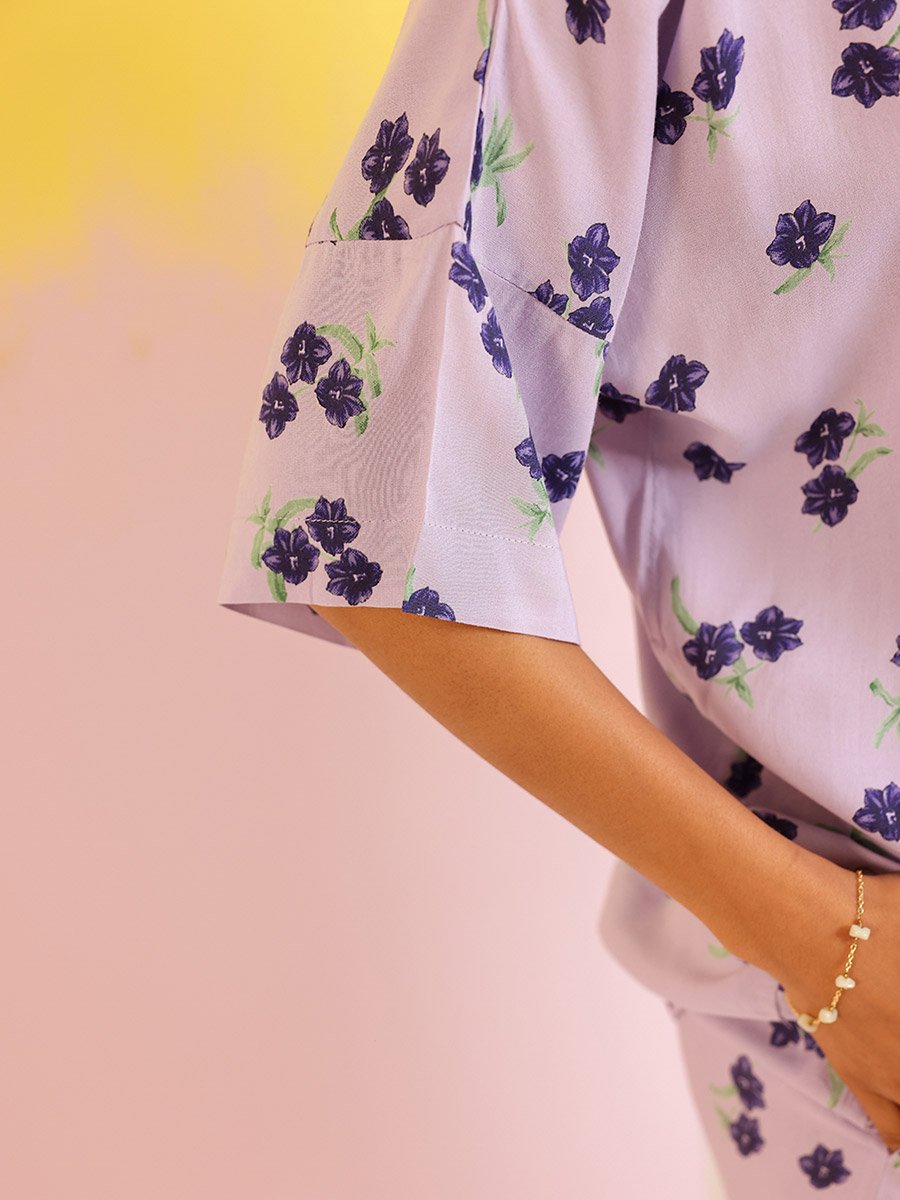 Lavender Floral Print Viscose Rayon Shirt and Pyjama Set