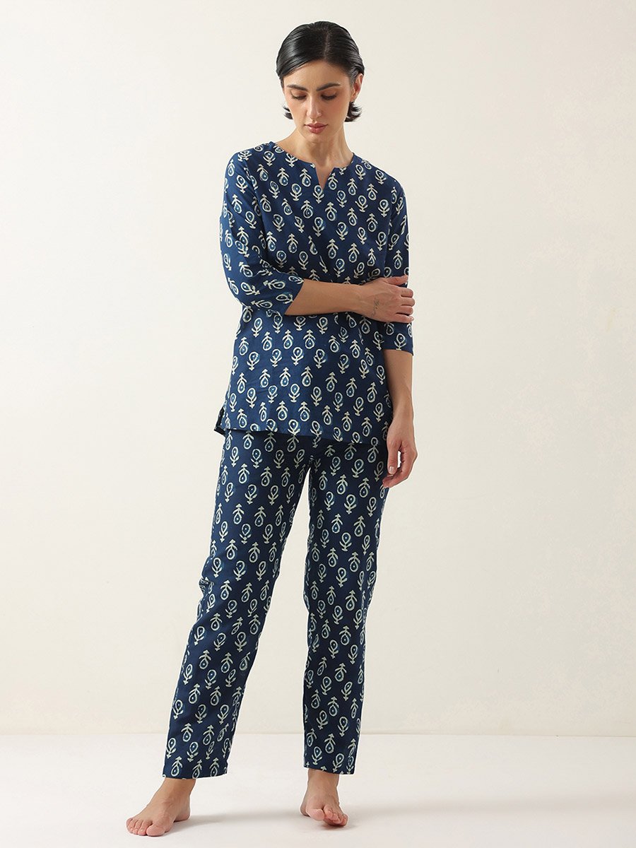 Blue Printed 3/4 Sleeves Cotton Top and Pyjama Set